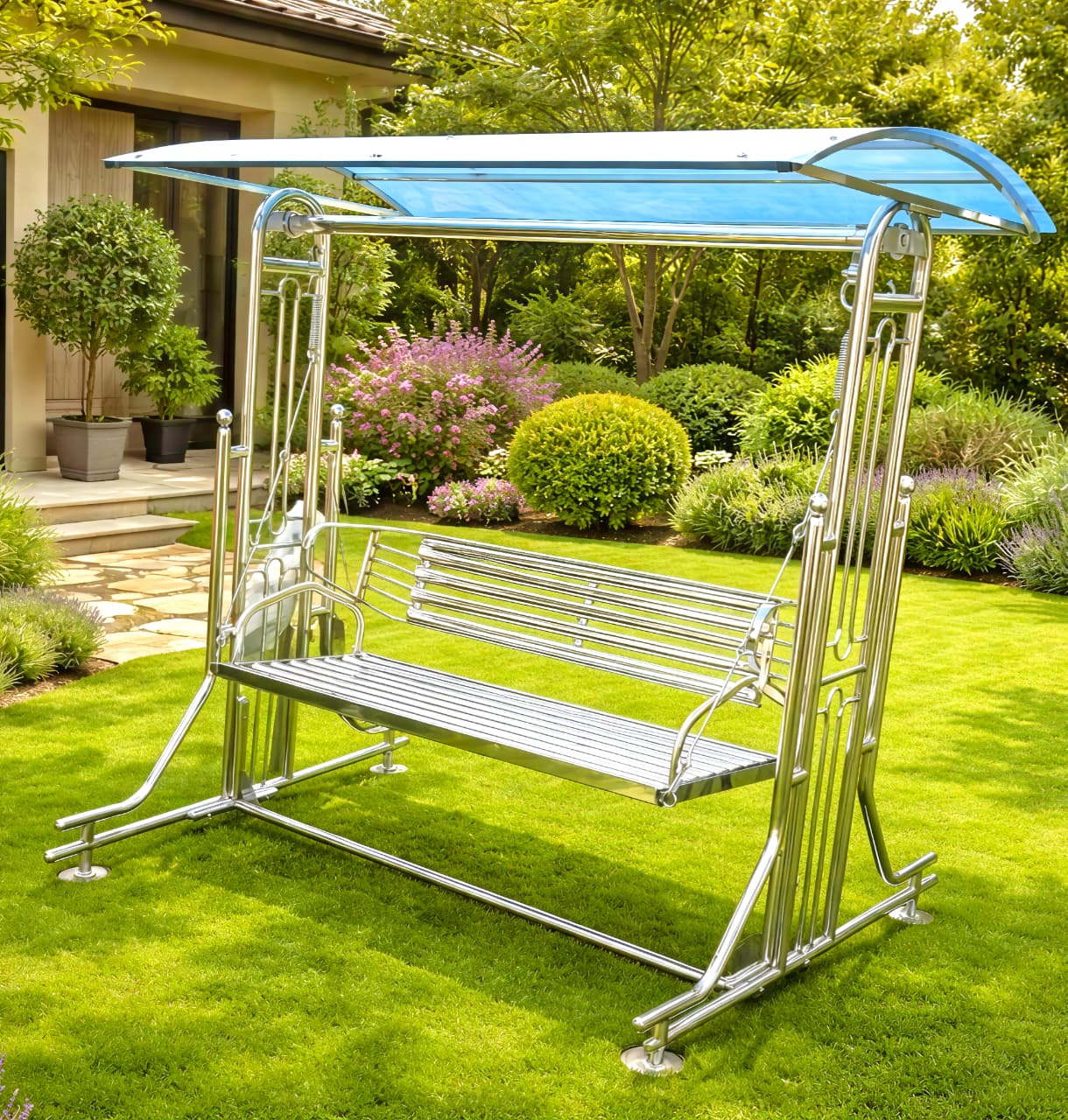 Stainless Steel Jhula with Blue Canopy